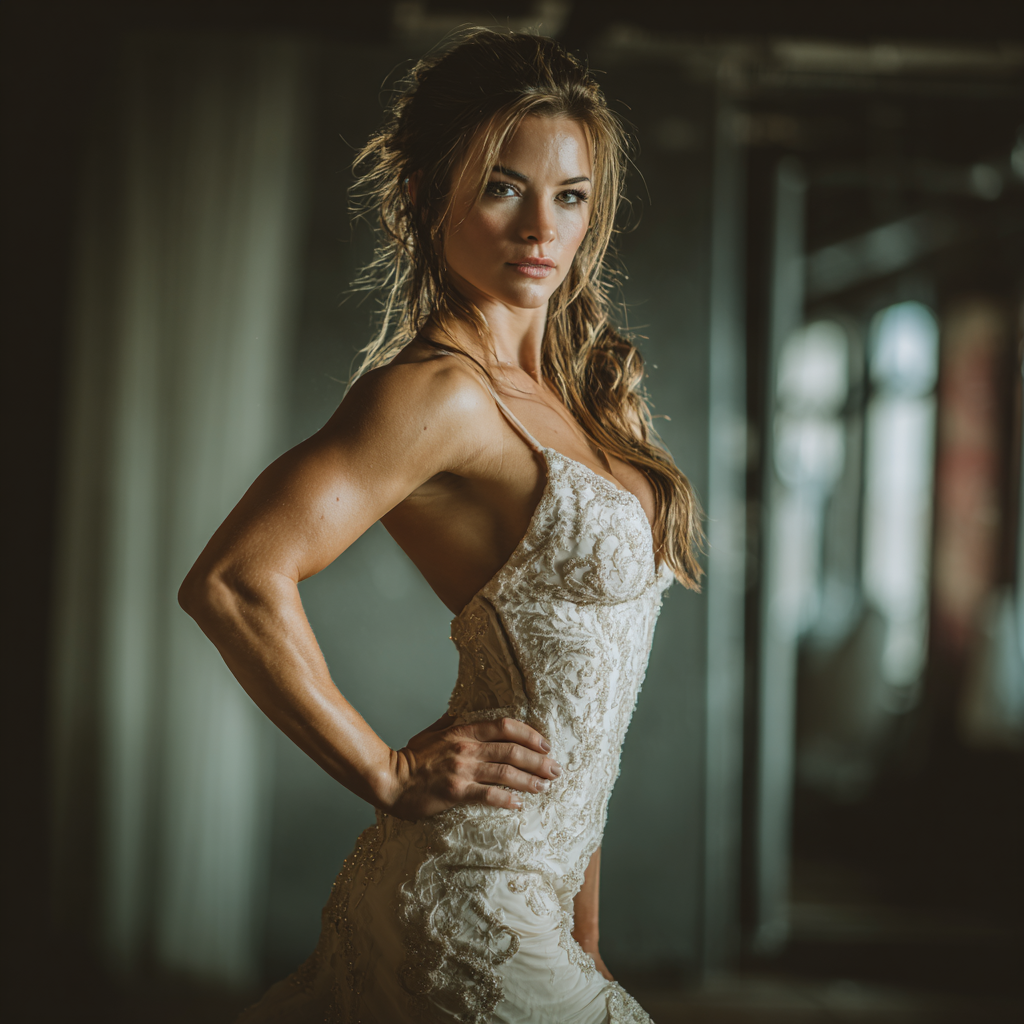 Fit bride wearing a wedding gown with a lean, toned physique, representing bridal body recomposition coaching.
