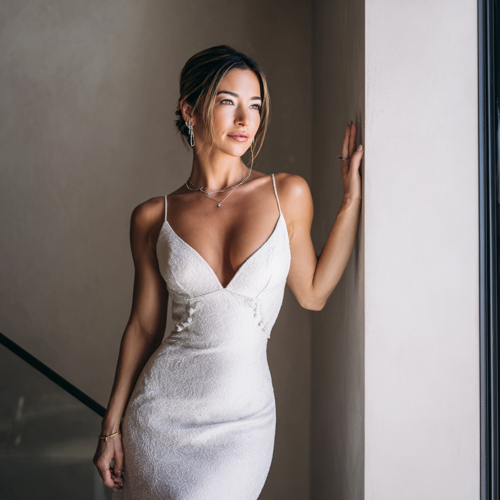 Bride in a wedding gown with a lean, athletic physique, photographed in a refined, editorial style.